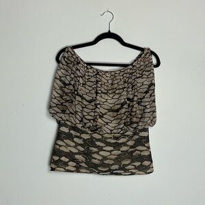 Anne Fontaine Taupe and Black Off-Shoulder Patterned Top